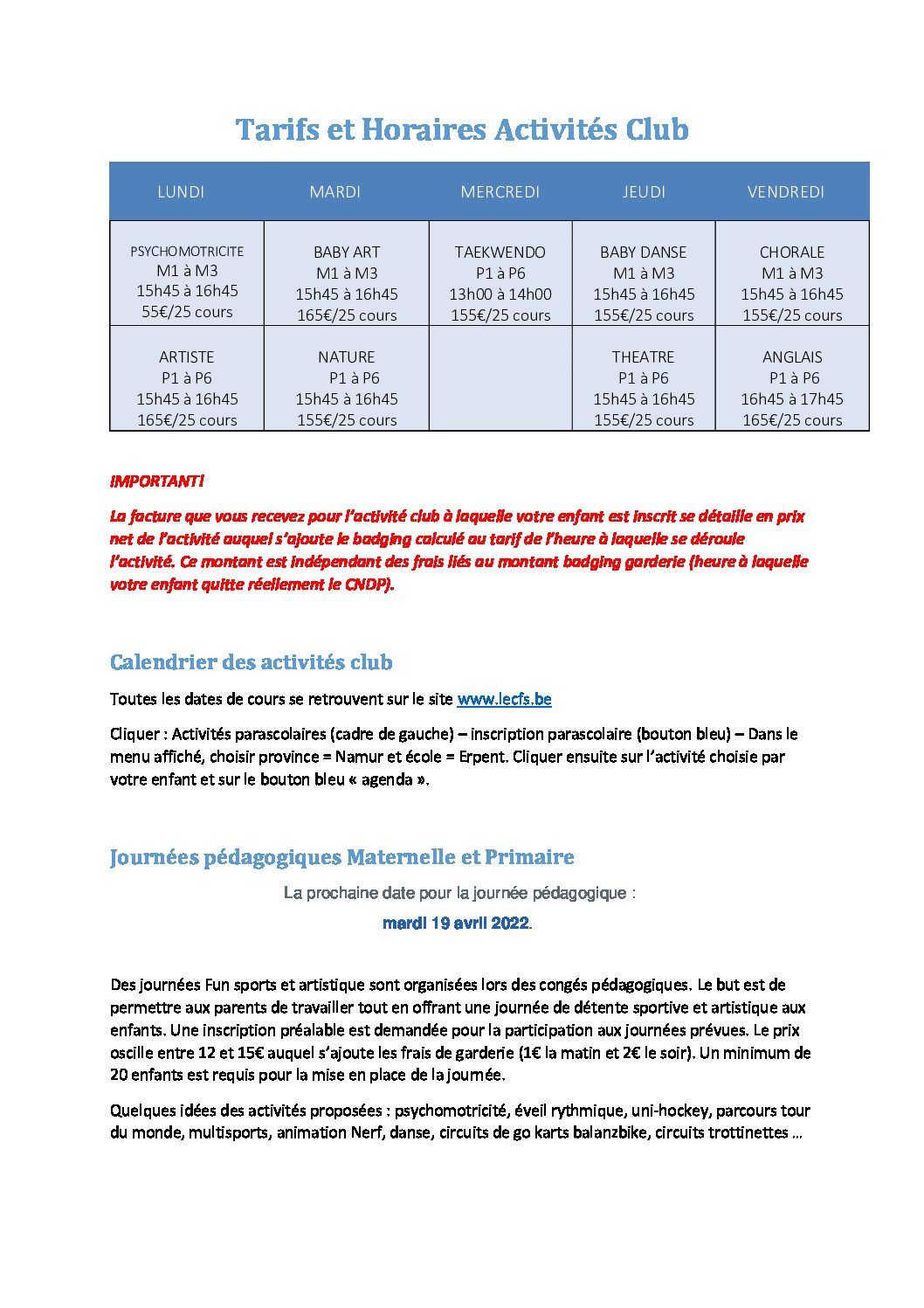 Tarifs et Horaires Activités Club